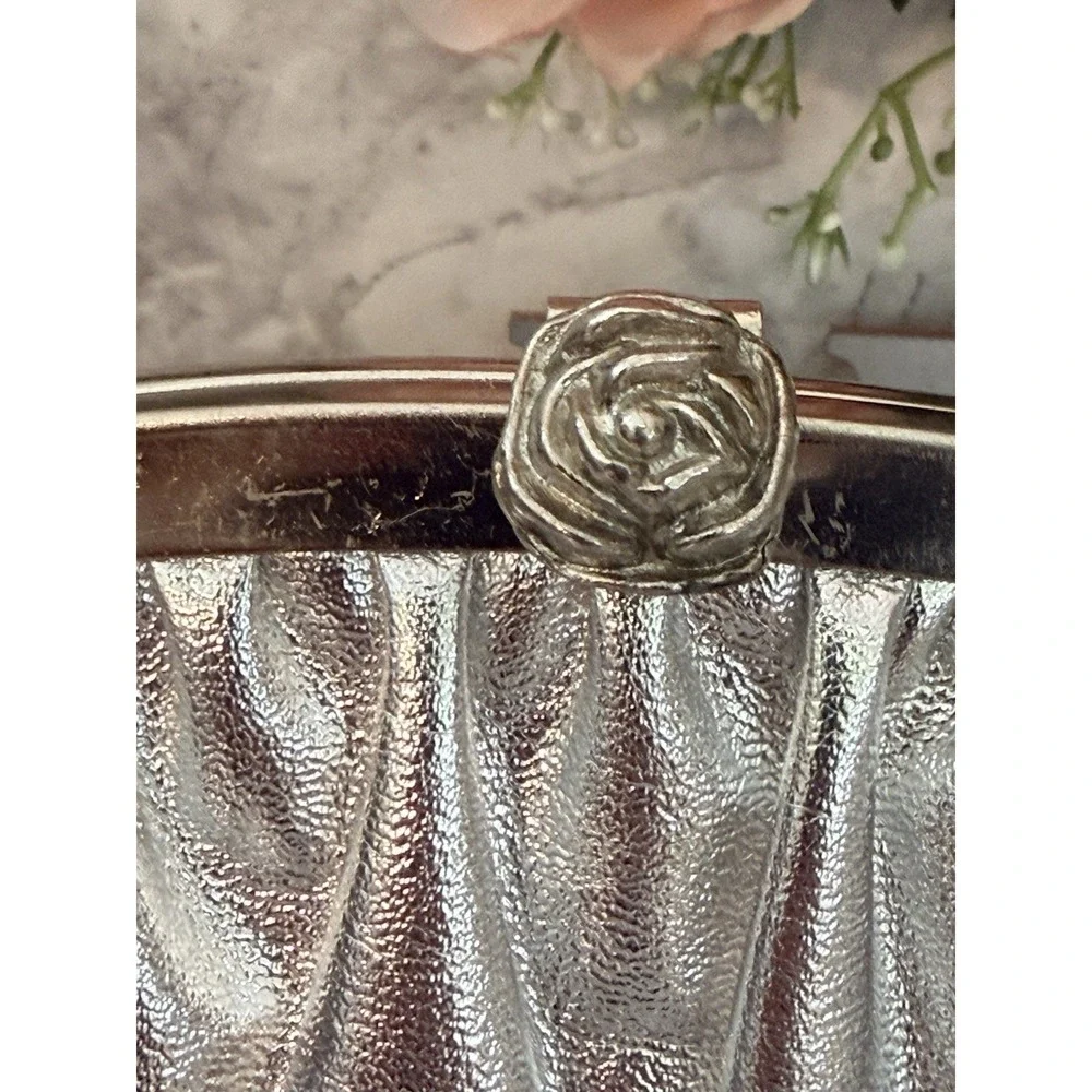 Vintage 1960s Silver Evening Bag Metal Rose Clasp Double Chain Handles Lined GUC